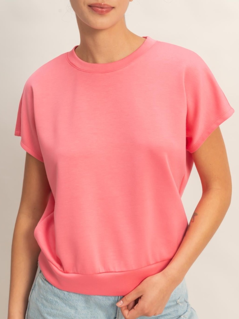 290 - Crew Neck Scuba Top in Taffy Pink